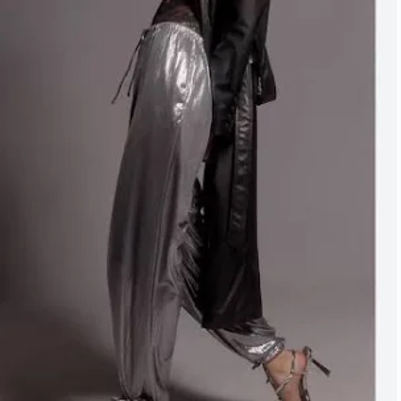 Women’s Anthropologie Liquid Shine Metallic Jogger Pants Large Silver - Picture 2 of 8